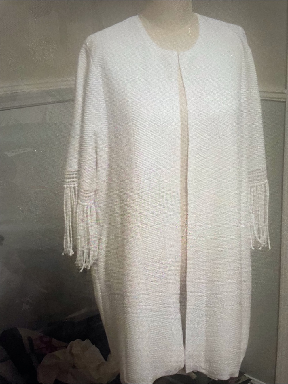 Chico’s Cream Fringe Sleeve Open Cardigan
